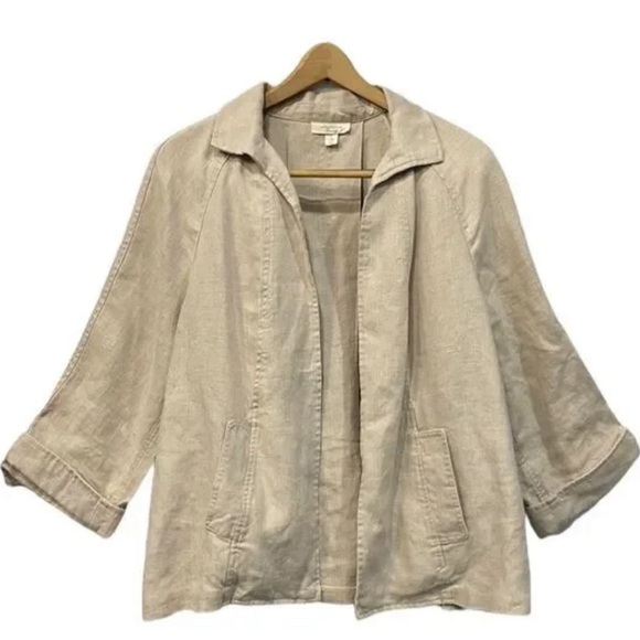 Charter Club Luxury 100% Linen Women Lg Jacket Khaki Open‎ Front Raglan Sleeve - Picture 1 of 7